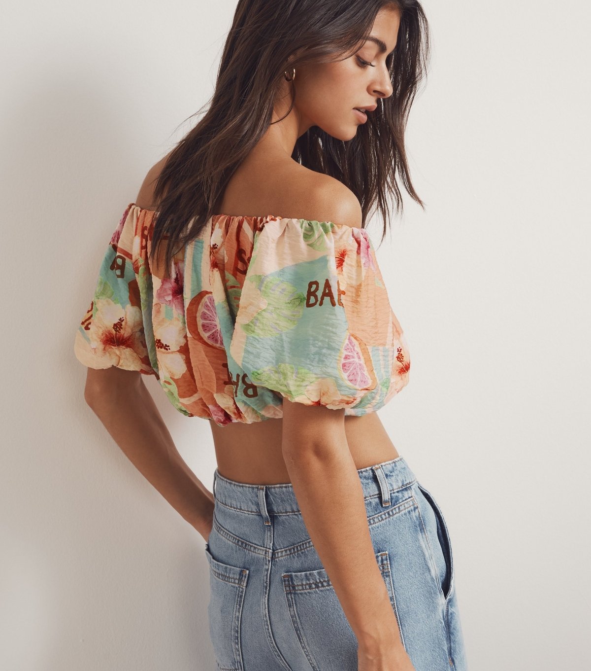 New Look Women's Orange Tropical Print Off Shoulder Textured Cropped Top New Look - 3