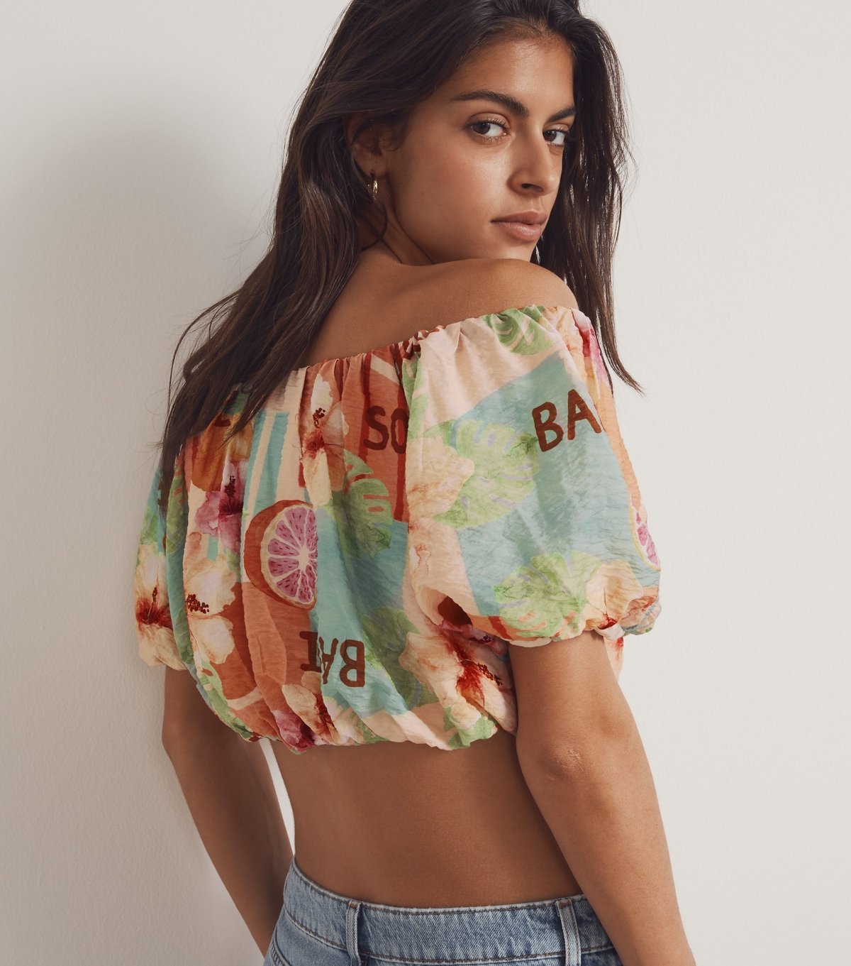 New Look Women's Orange Tropical Print Off Shoulder Textured Cropped Top New Look - 4