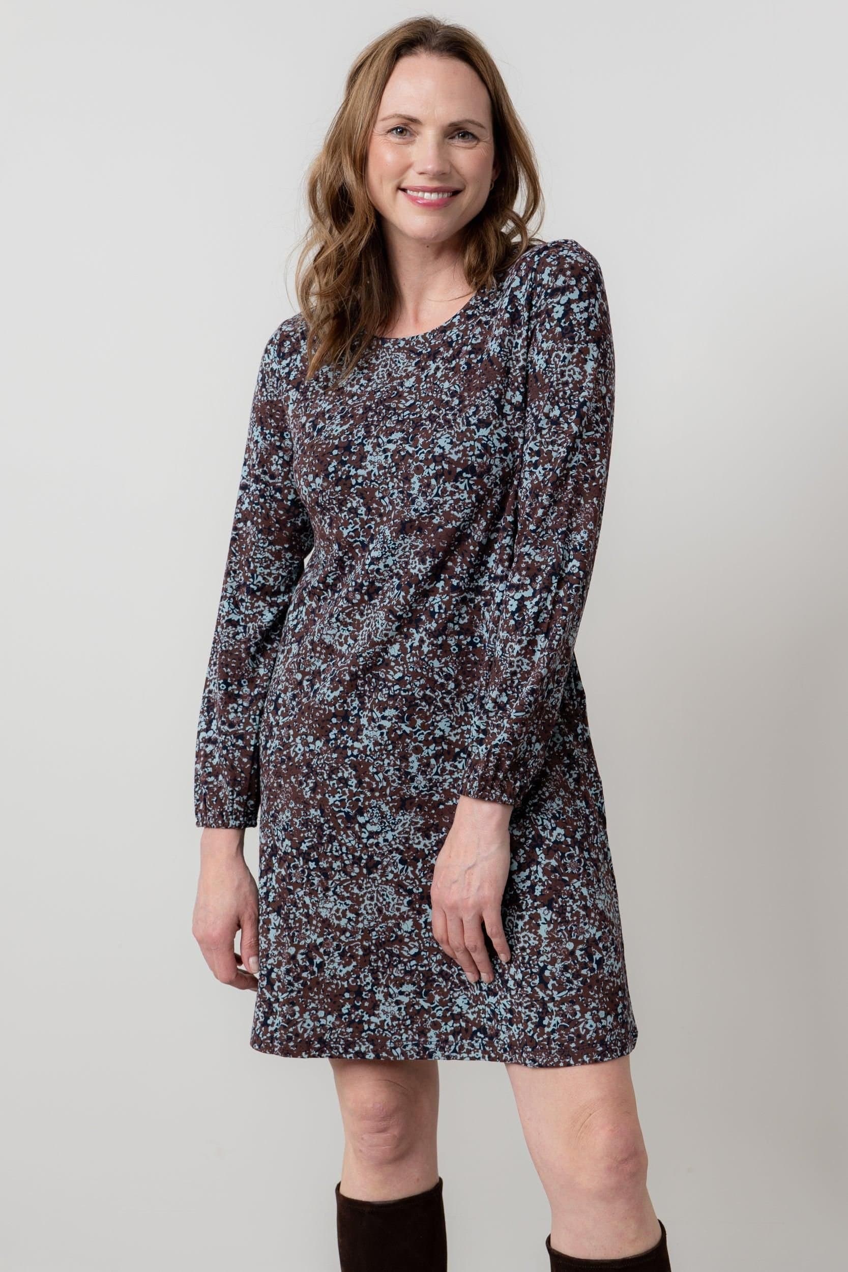 Lily & Me Lily & Me Women's Spruce Boat Neck Viscose Swing Dress with Floral Print in Chocolate