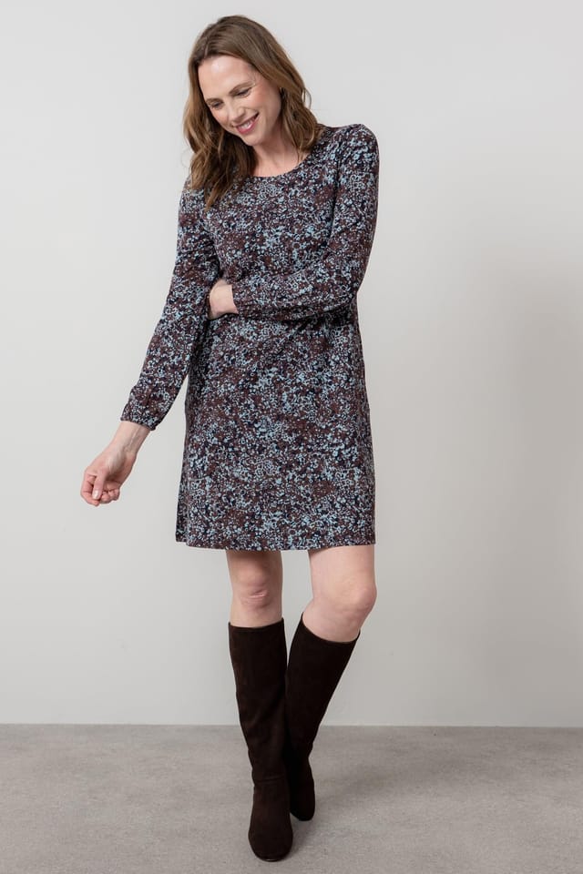 Lily & Me Lily & Me Women's Spruce Boat Neck Viscose Swing Dress with Floral Print in Chocolate - 2