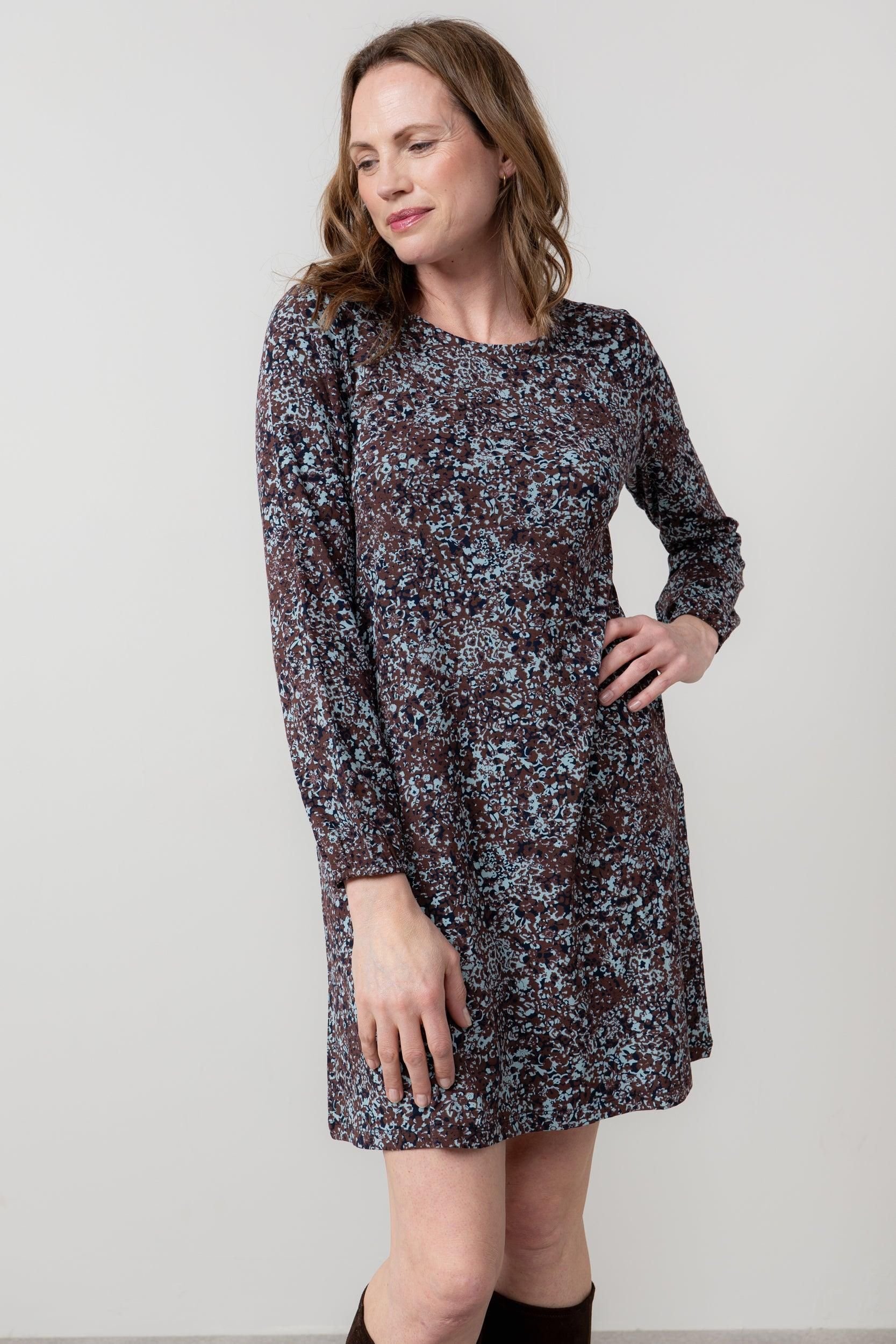 Lily & Me Lily & Me Women's Spruce Boat Neck Viscose Swing Dress with Floral Print in Chocolate - 3