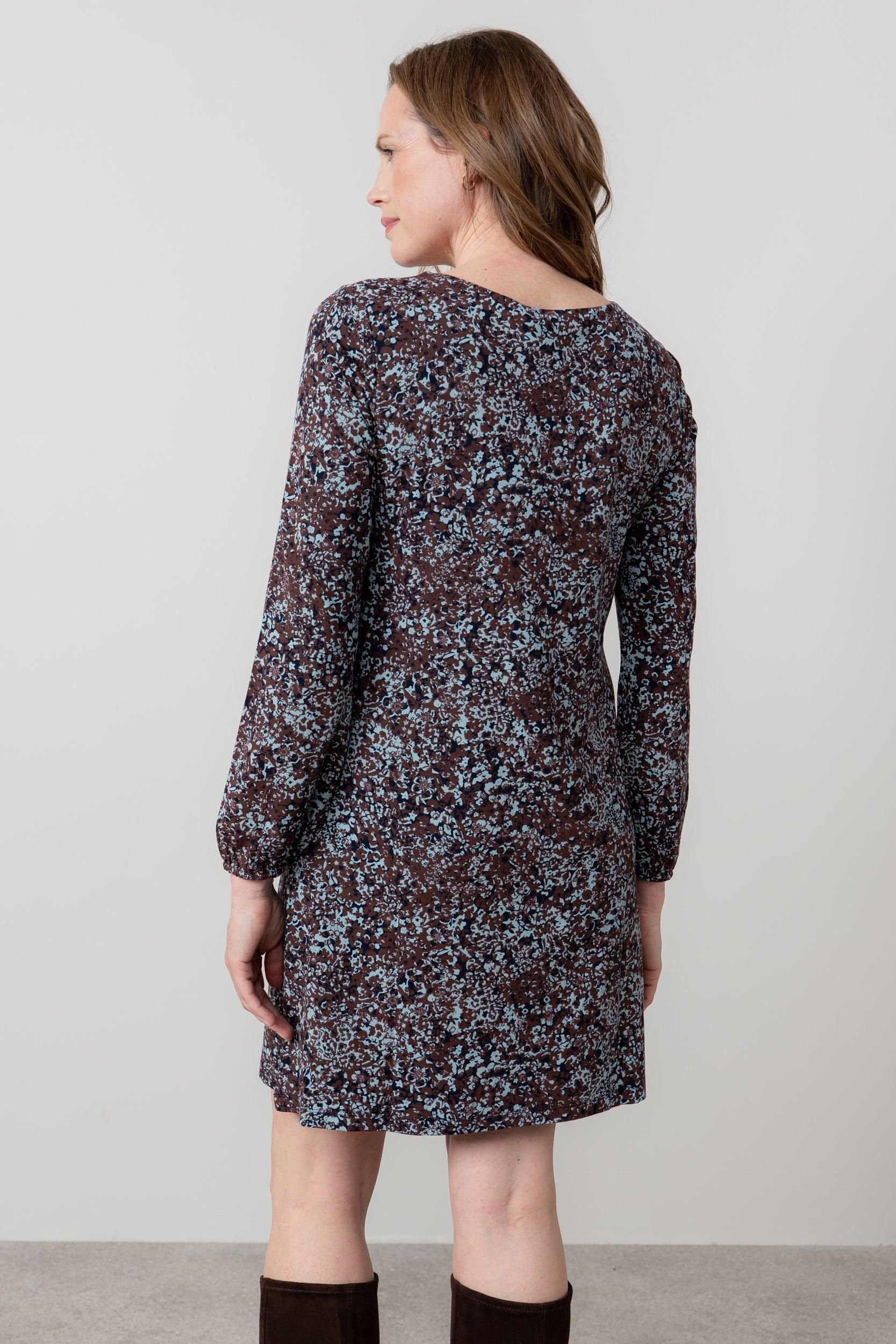 Lily & Me Lily & Me Women's Spruce Boat Neck Viscose Swing Dress with Floral Print in Chocolate - 4