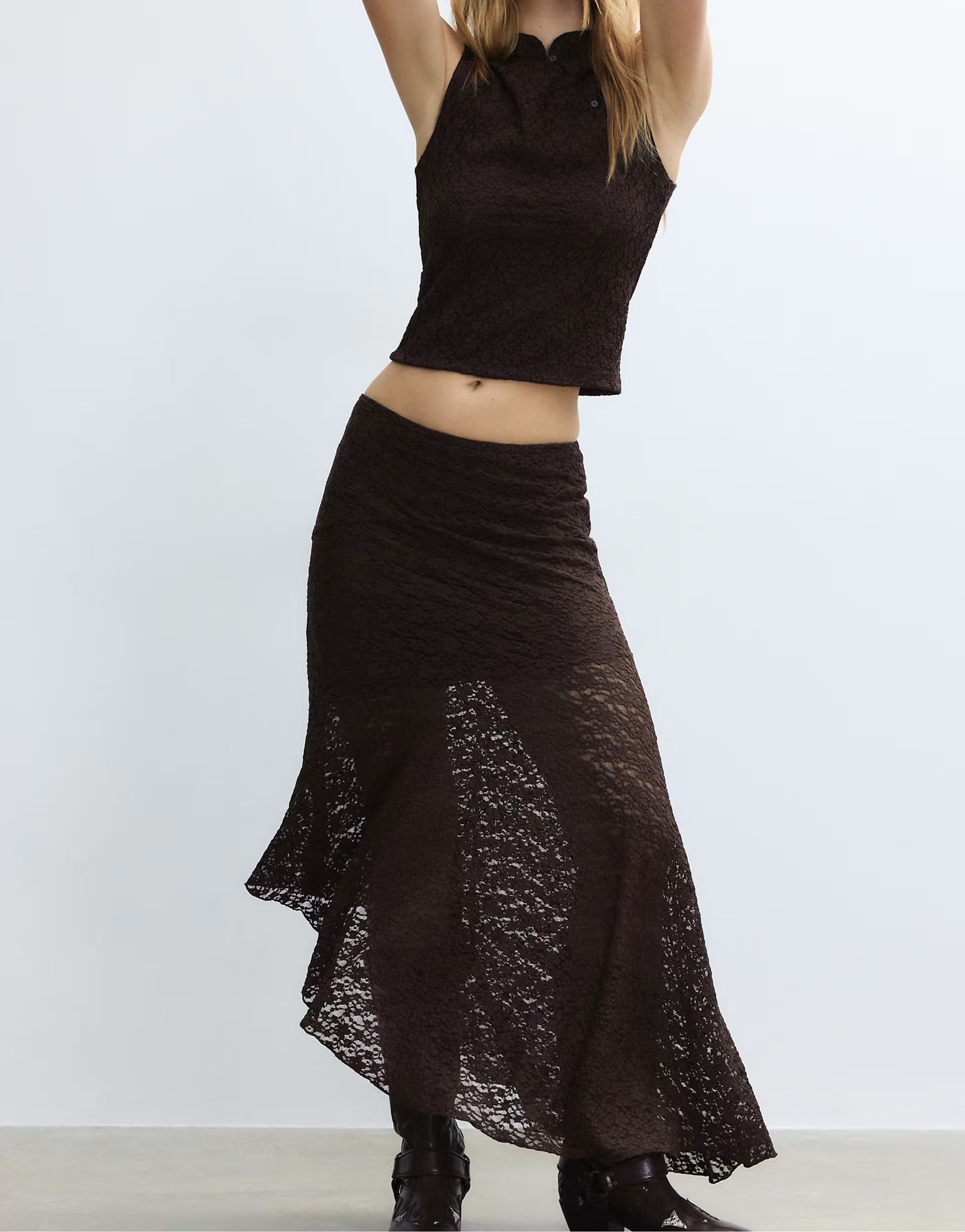 ASOS Stradivarius Asymmetric lace midi skirt in brown