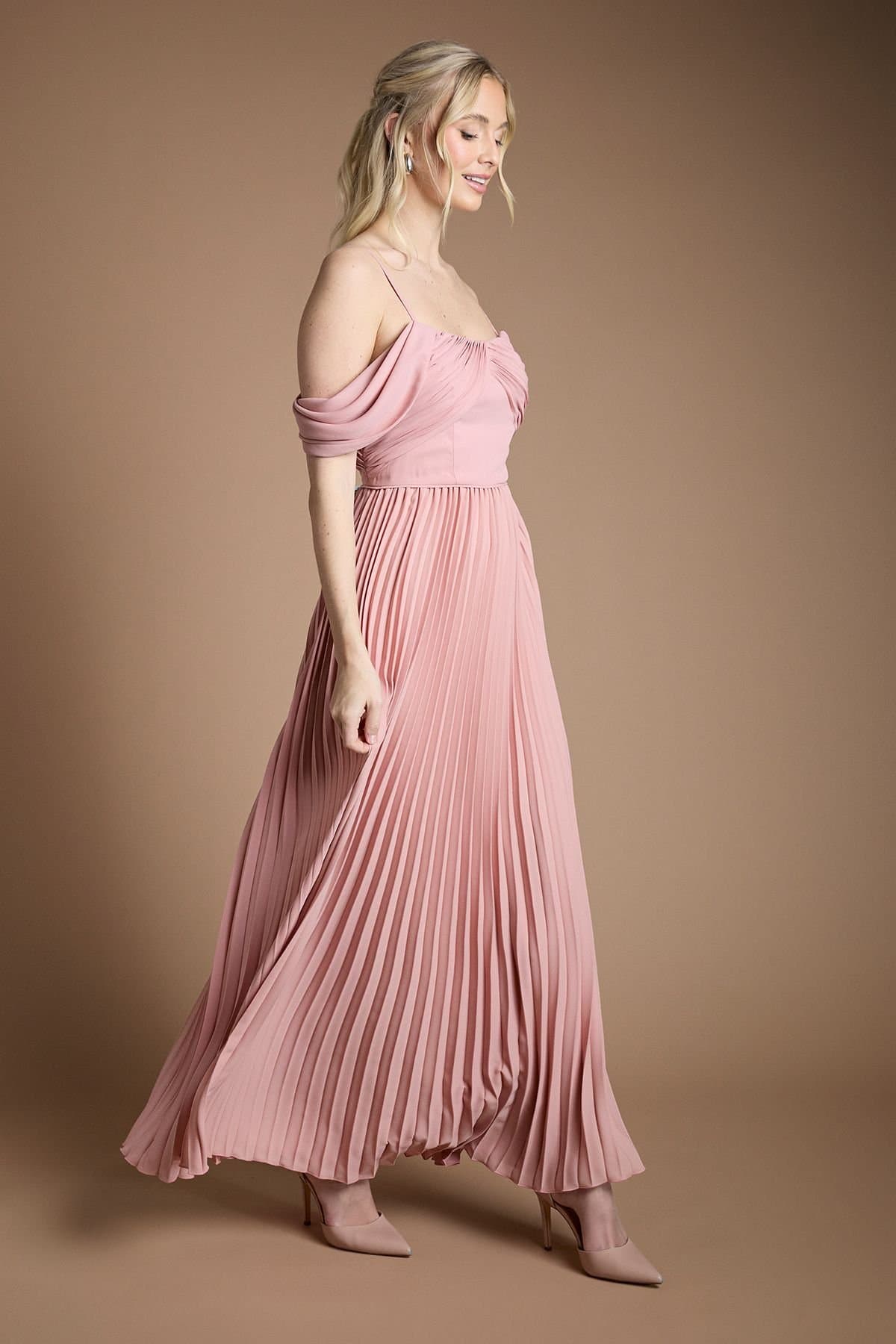 Coast Coast Women's Bardot Pleated Maxi Bridesmaid Dress in Antique Rose