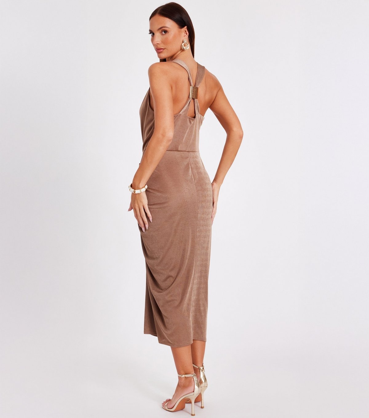 Quiz Women's Stone Satin Gathered Midi Dress Quiz New Look - 3