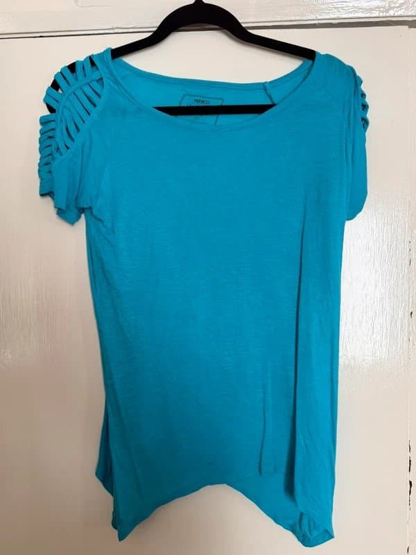 Next Pep&Co Blue Cut-Out Shoulder T-Shirt UK 12 | Casual Summer Top | Cold Shoulder Tee