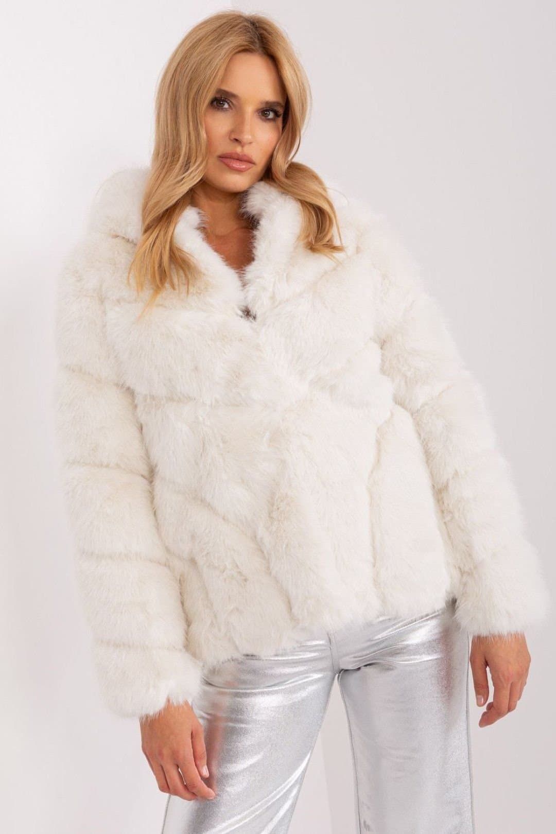 Love Lace Love Lace Women's Elegant Hooded Fur Jacket Transitional Warm in Off-White