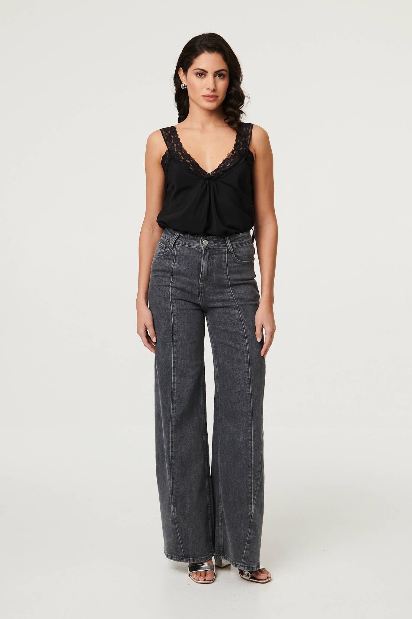 Izabel London Izabel London Women's High Waist Seam Front Wide Leg Jeans in Dark Grey