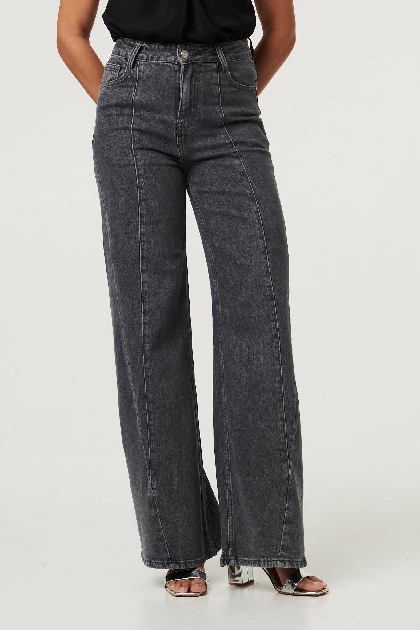 Izabel London Izabel London Women's High Waist Seam Front Wide Leg Jeans in Dark Grey - 4