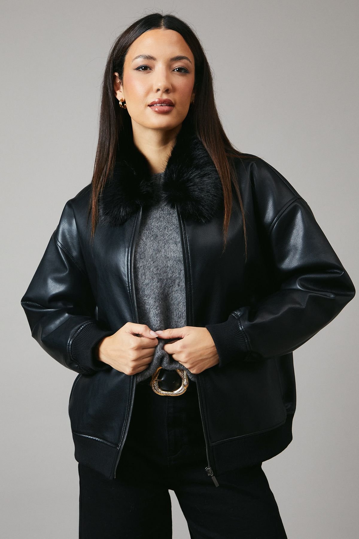 Principles Principles Women's Fur Collar Faux Leather Bomber in Black - 2