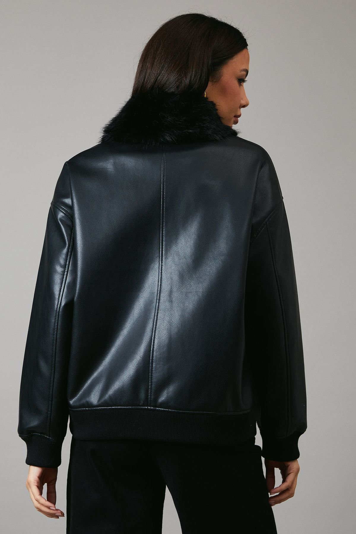 Principles Principles Women's Fur Collar Faux Leather Bomber in Black - 3