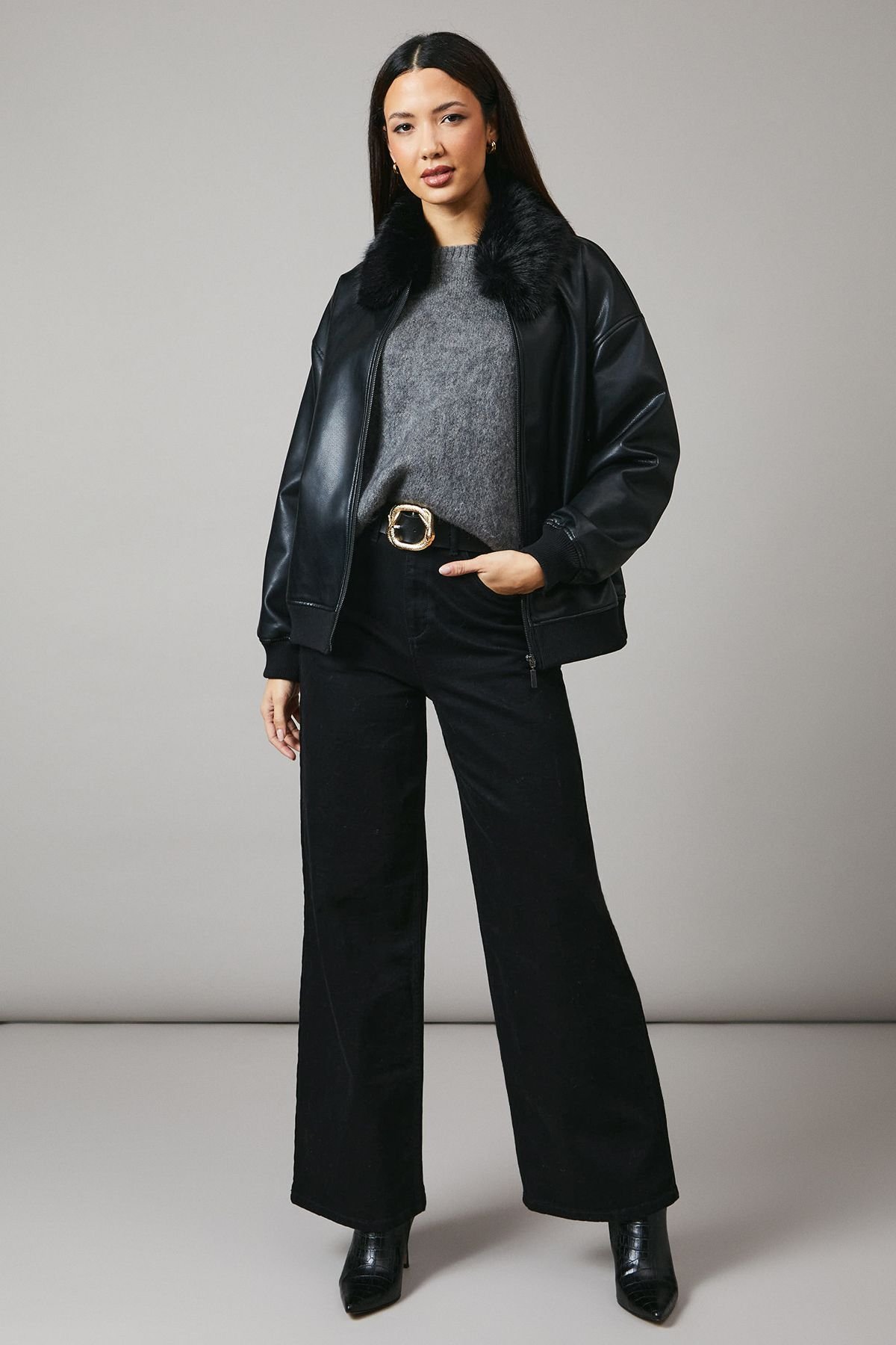 Principles Principles Women's Fur Collar Faux Leather Bomber in Black - 4