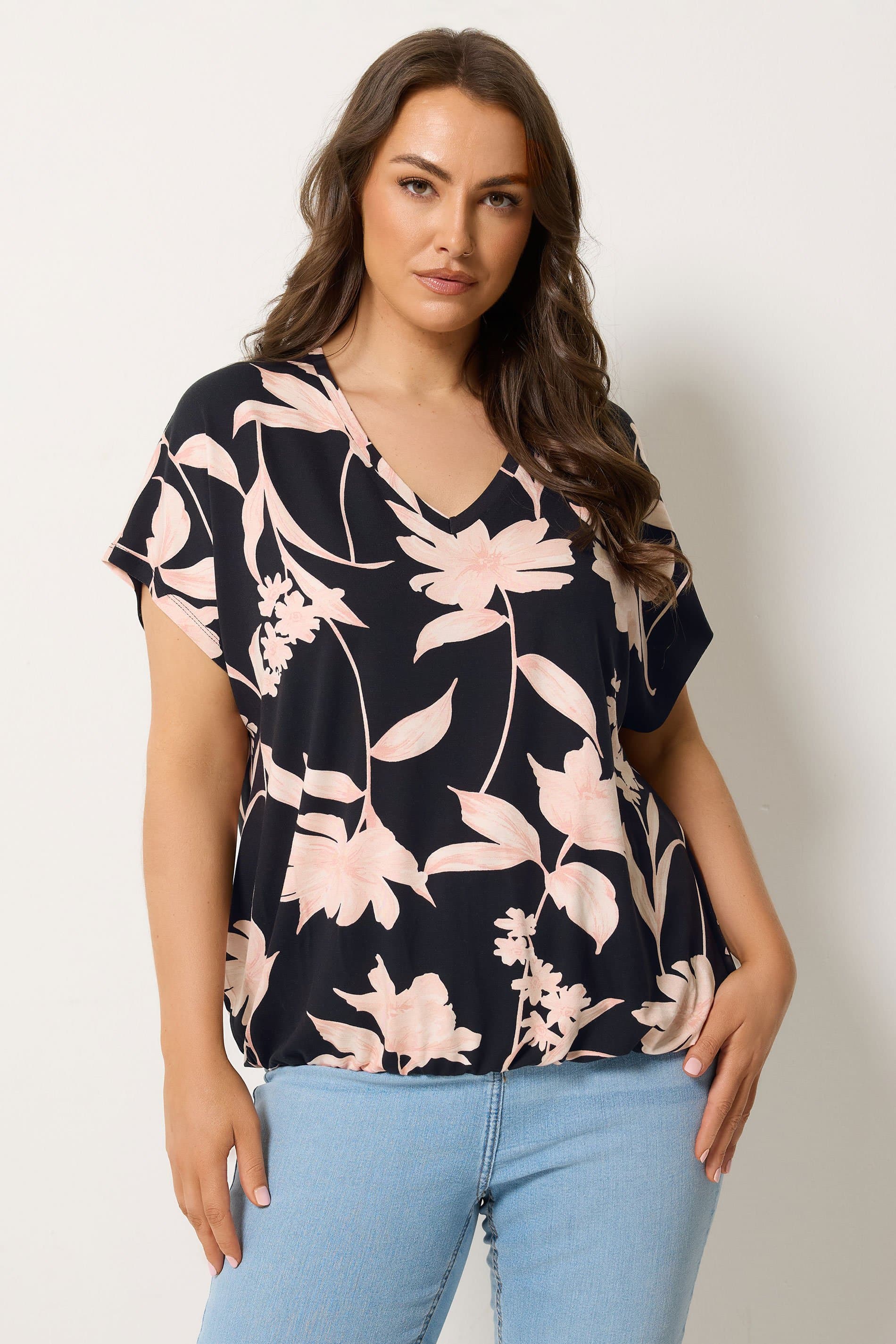 Yours Plus Size Black Floral Grownon Sleeve Tshirt