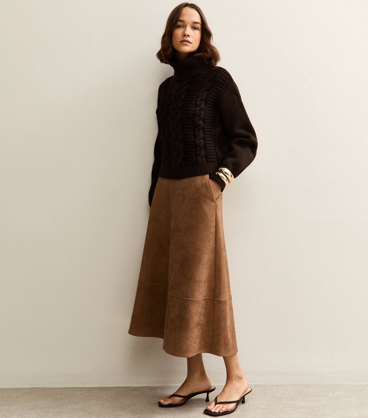 New Look Women's Tan Faux Suede A Line Midi Skirt New Look