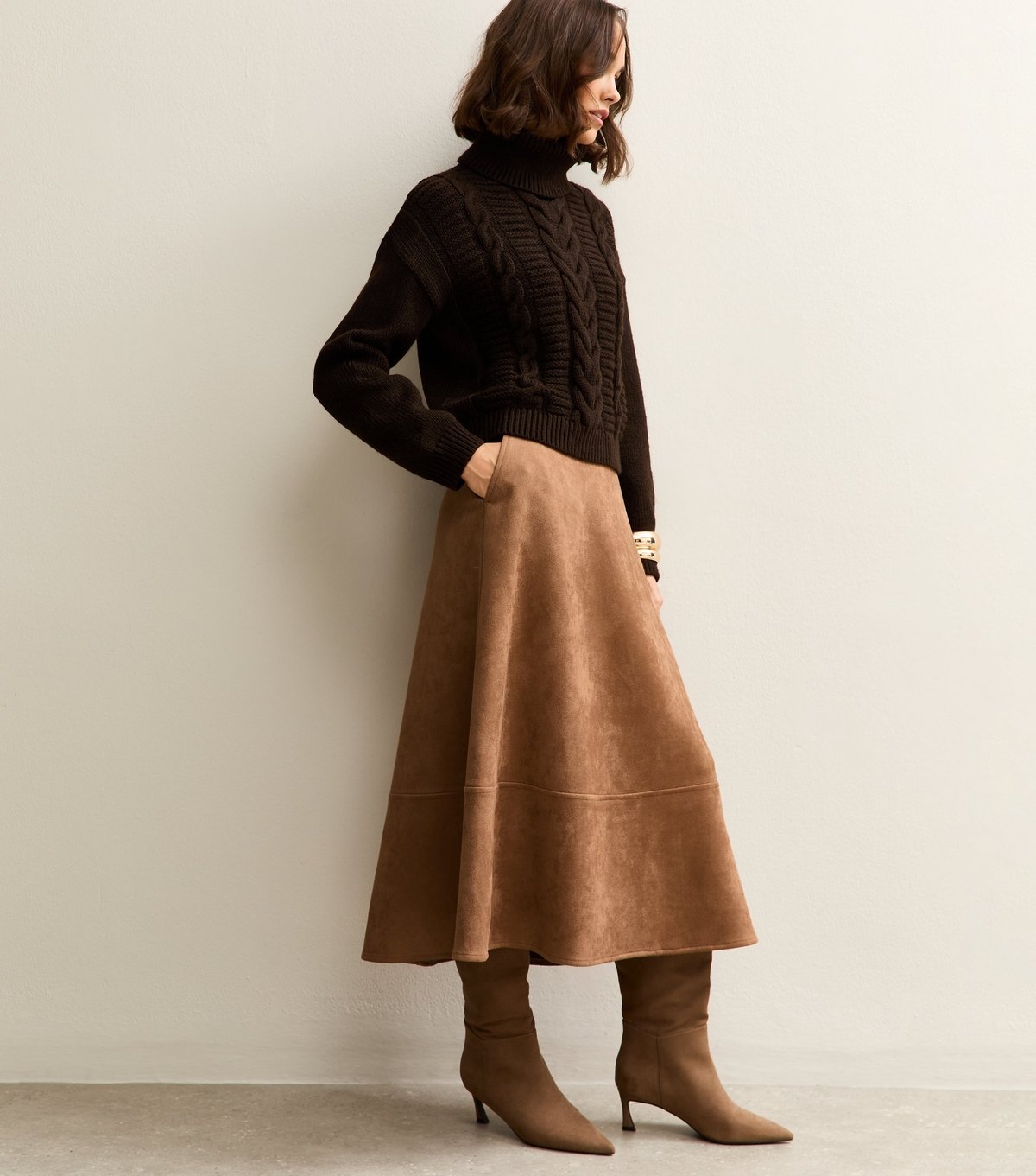 New Look Women's Tan Faux Suede A Line Midi Skirt New Look - 3