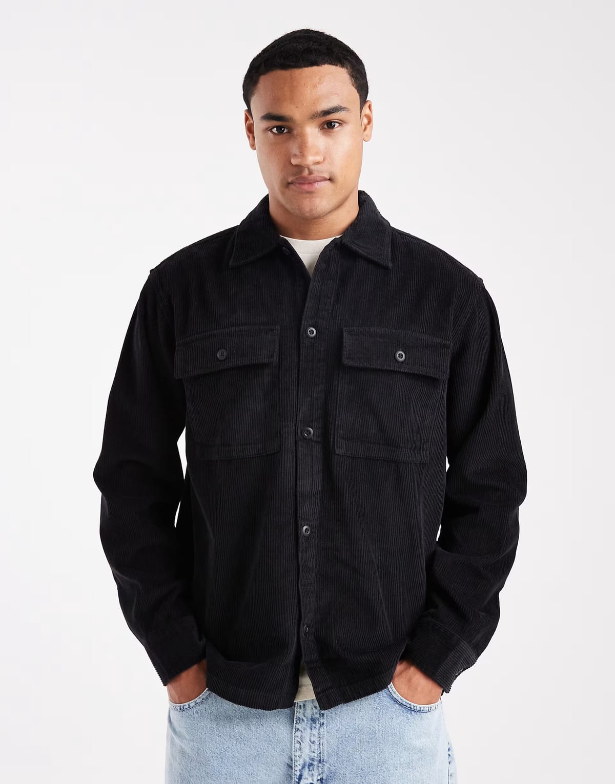 ASOS Jack & Jones oversize cord overshirt in black - 1