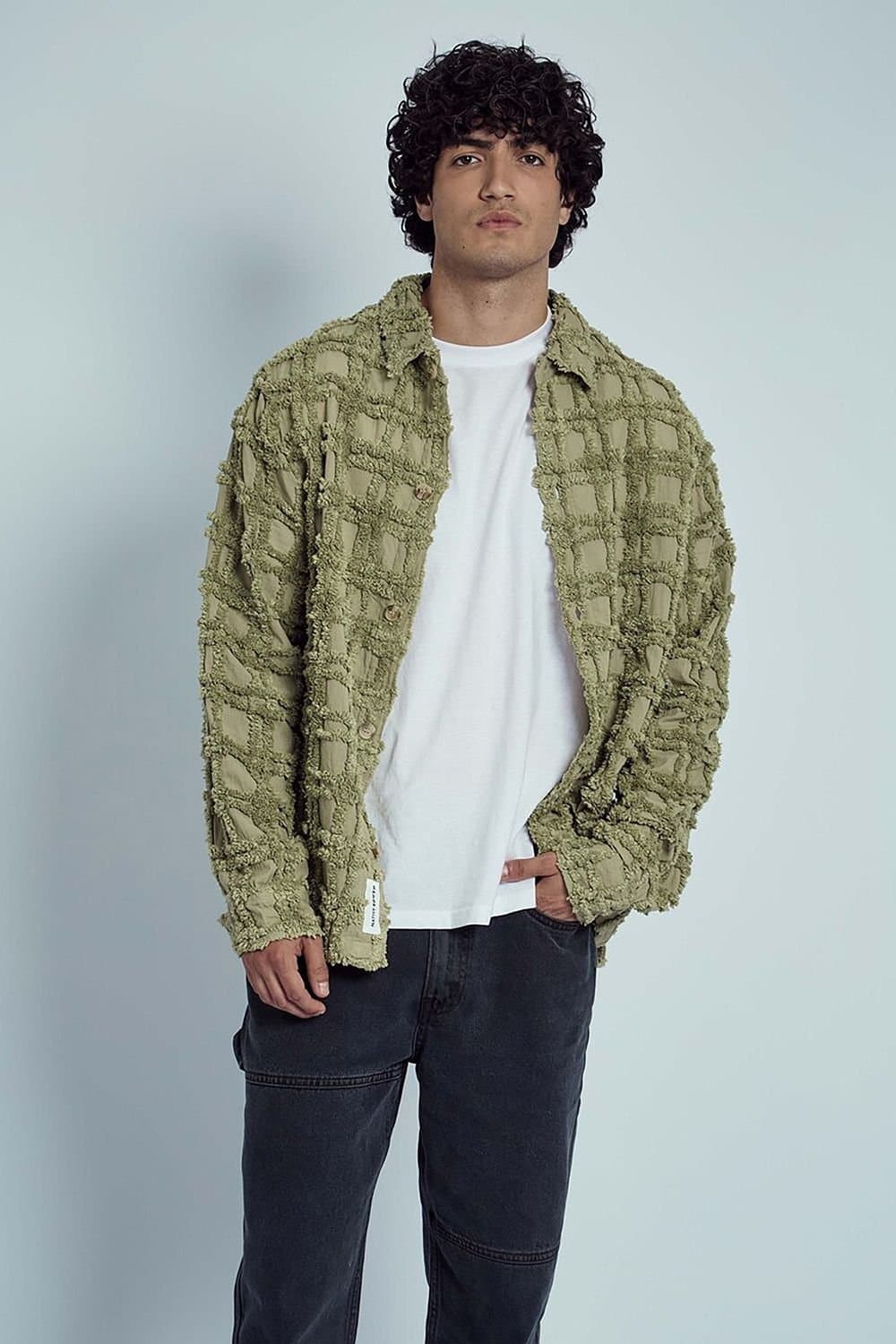 Native Youth Native Youth Men's Cotton Long Sleeve Textured Jacquard Overshirt in Green