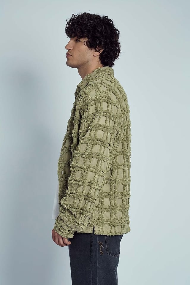 Native Youth Native Youth Men's Cotton Long Sleeve Textured Jacquard Overshirt in Green - 3