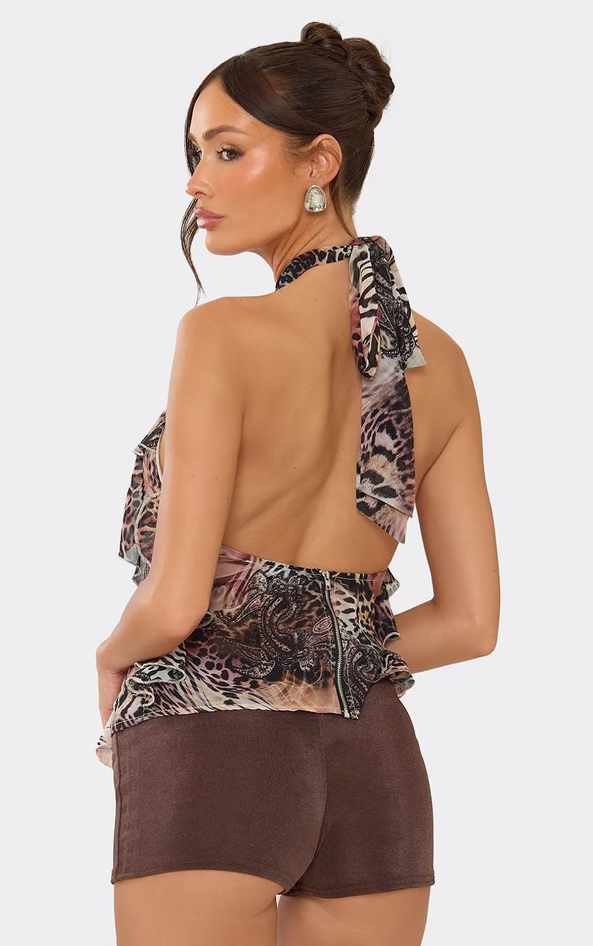 EGO High Neck Ruffle Detail Zip Up Back Top In Multi Animal Print, Women's Size UK 6