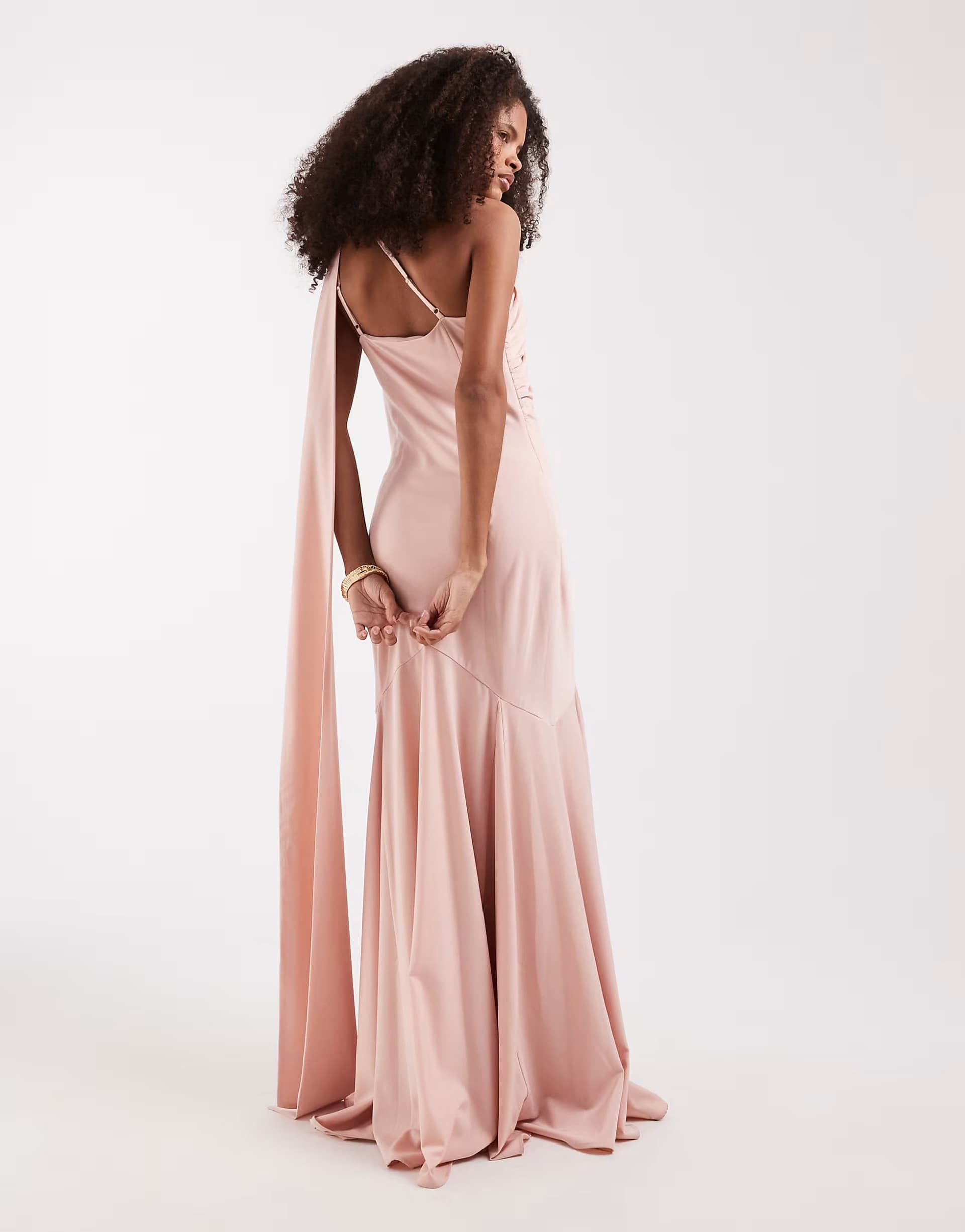 ASOS Pretty Lavish Porto matte satin one shoulder scarf neck maxi dress in peachy blush