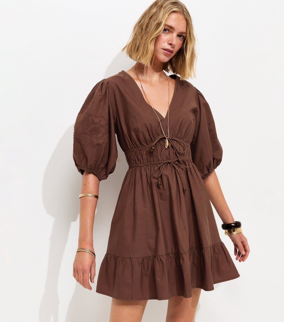 New Look Brown Cotton Embroidered Puff Sleeve Mini Dress