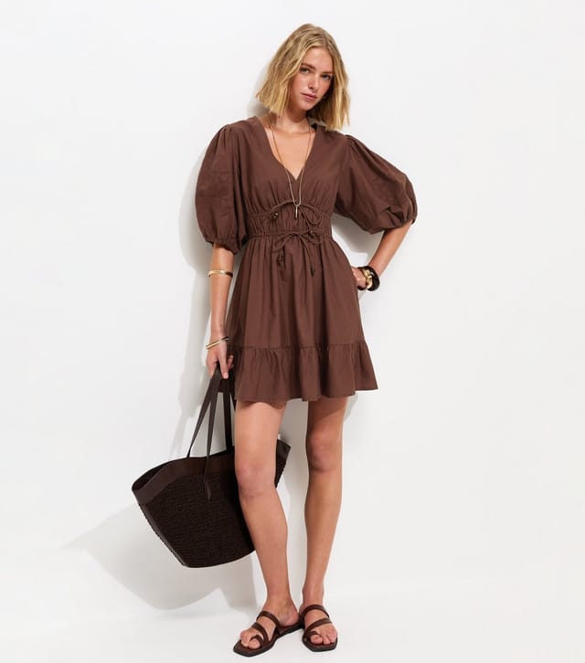 New Look Women's Brown Cotton Embroidered Puff Sleeve Mini Dress New Look - 2