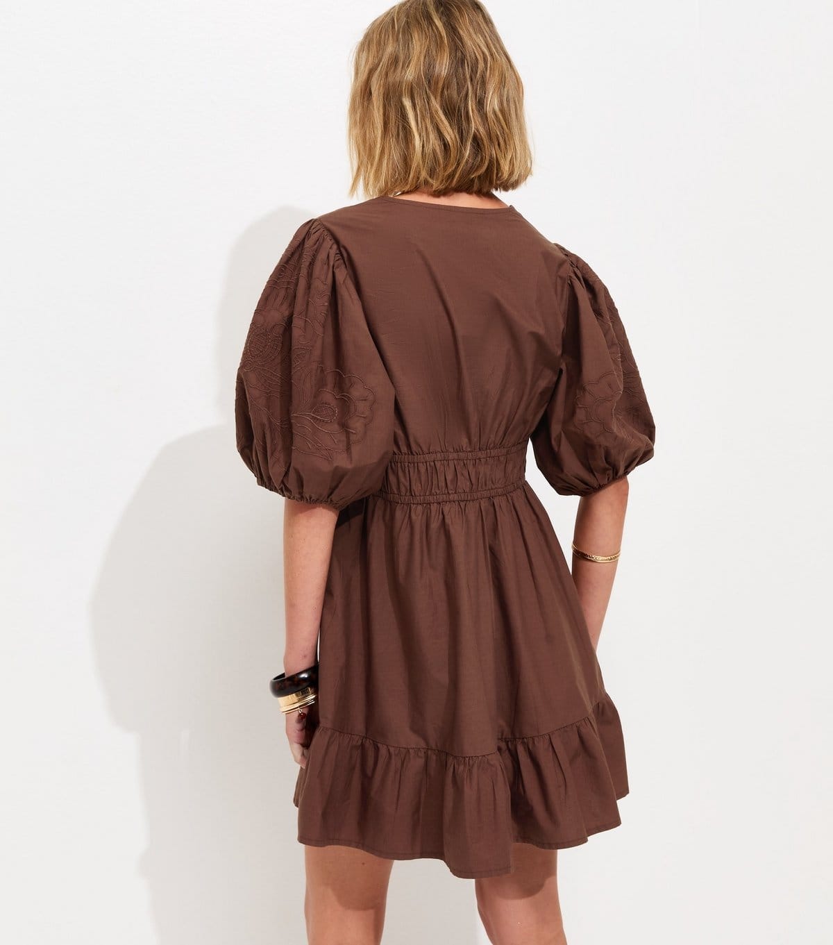 New Look Women's Brown Cotton Embroidered Puff Sleeve Mini Dress New Look - 4