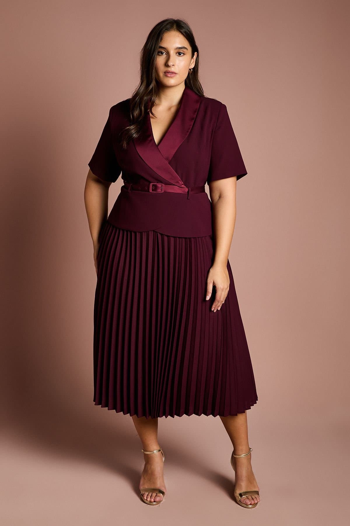 Coast Coast Women's Plus 2 In 1 Wrap Dress With Pleated Skirt in Burgundy