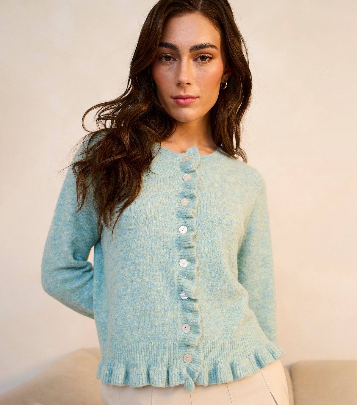 Gini London Women's Light Green Ruffle Trim Cardigan Gini London New Look - 1