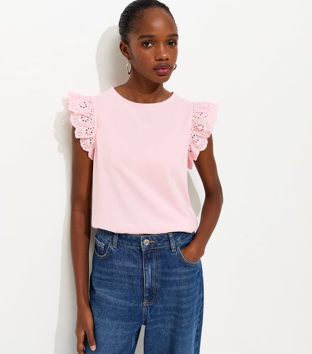 New Look Women's Light Pink Broderie Frill Sleeve Top New Look - 2