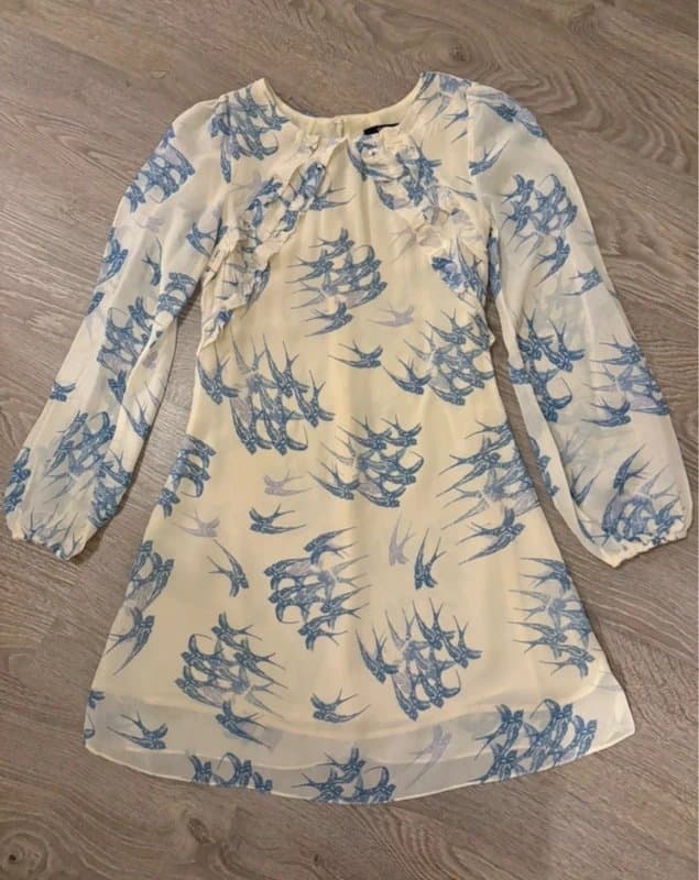 Oasis Oasis Cream & Blue Swallow Bird Print Frill Dress UK 8 Long Sleeve