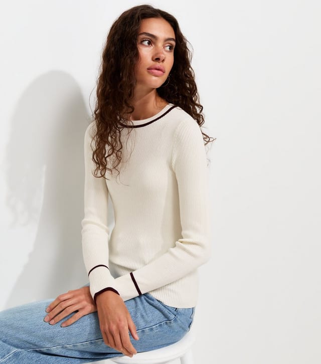 New Look Women's Cream Ribbed Tipped Crew Neck Jumper New Look - 2