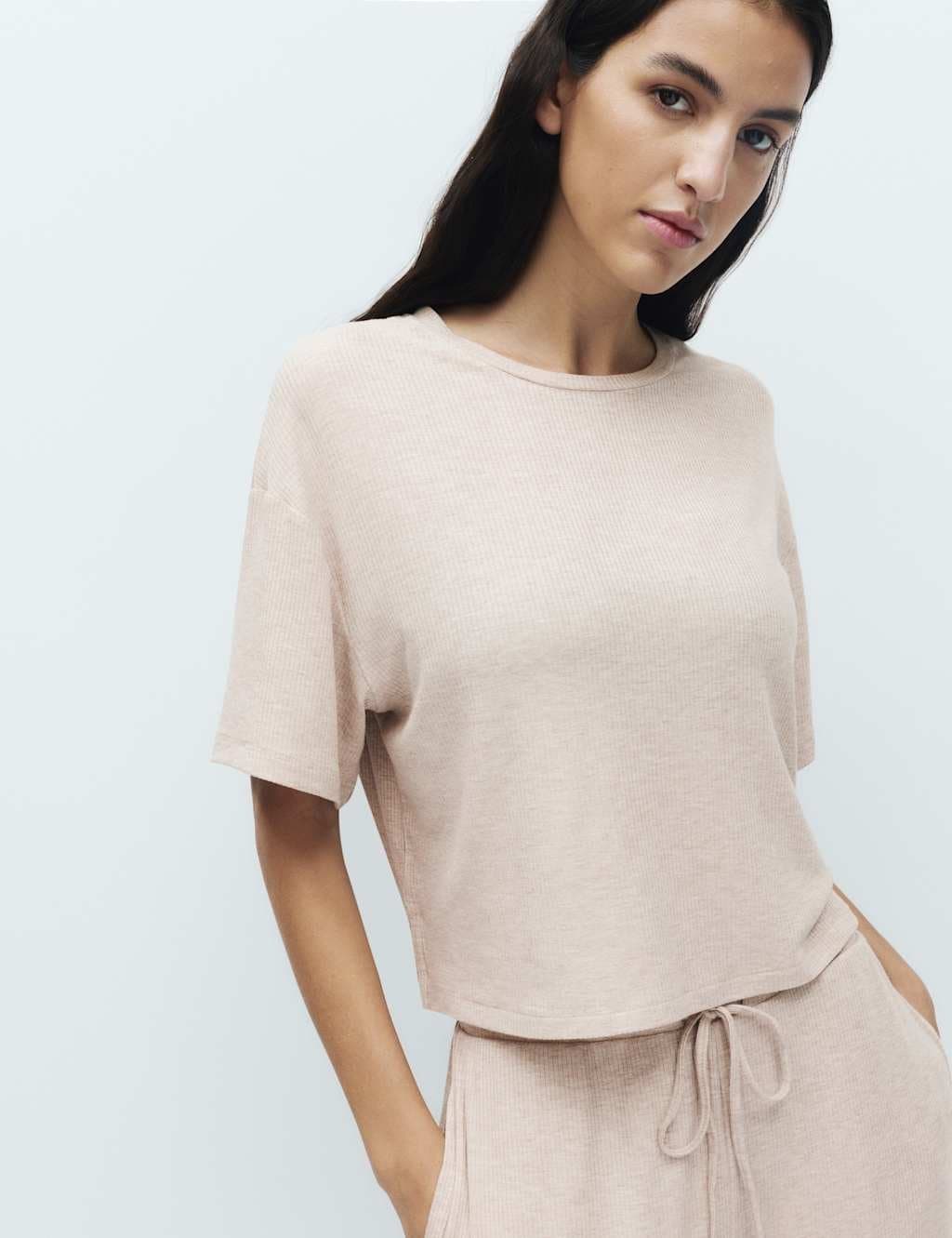 Marks & Spencer M&S Modal Rich Ribbed Pyjama Top Fawn