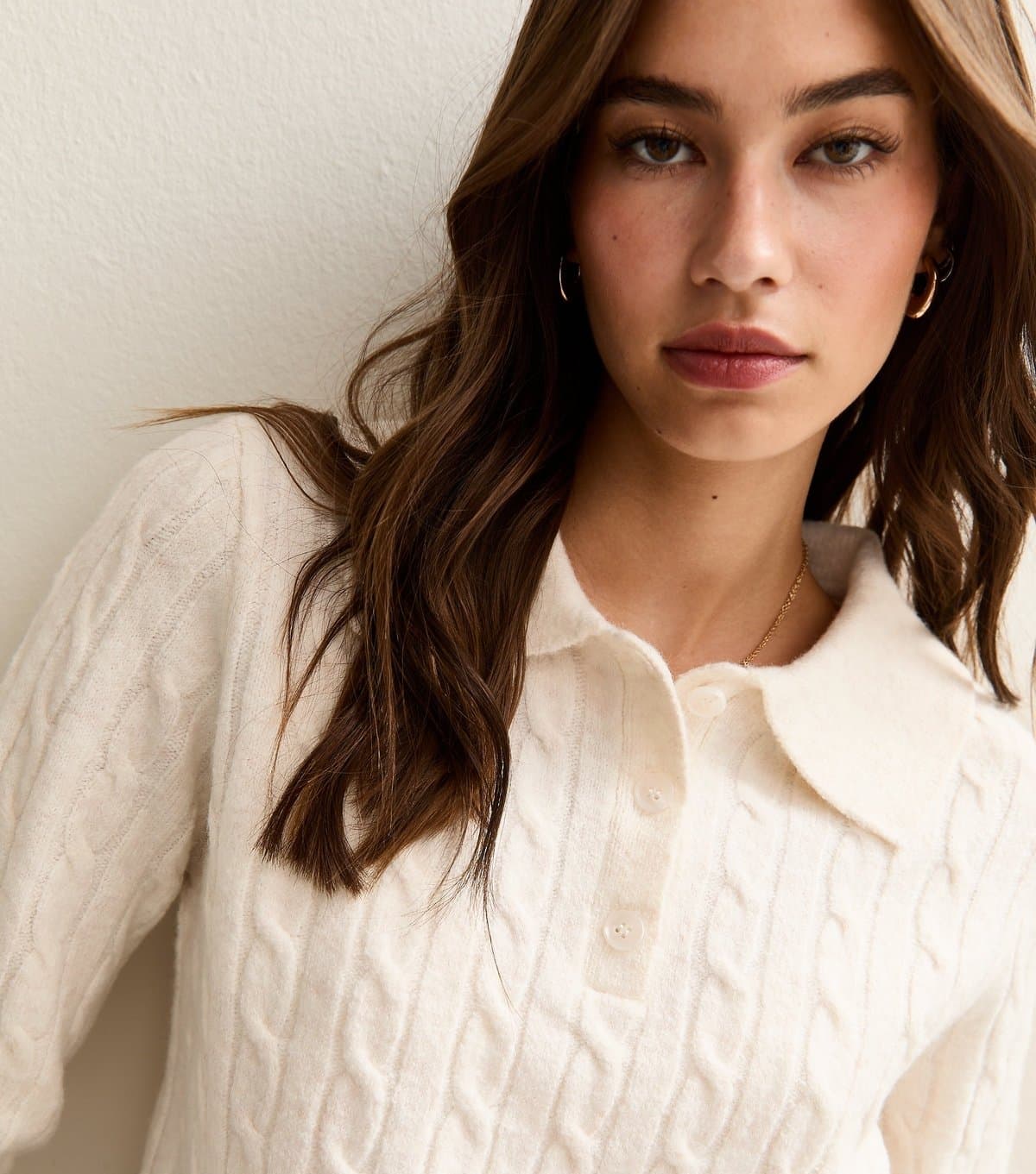 New Look Women's Cream Cable Knit Button Polo Jumper New Look