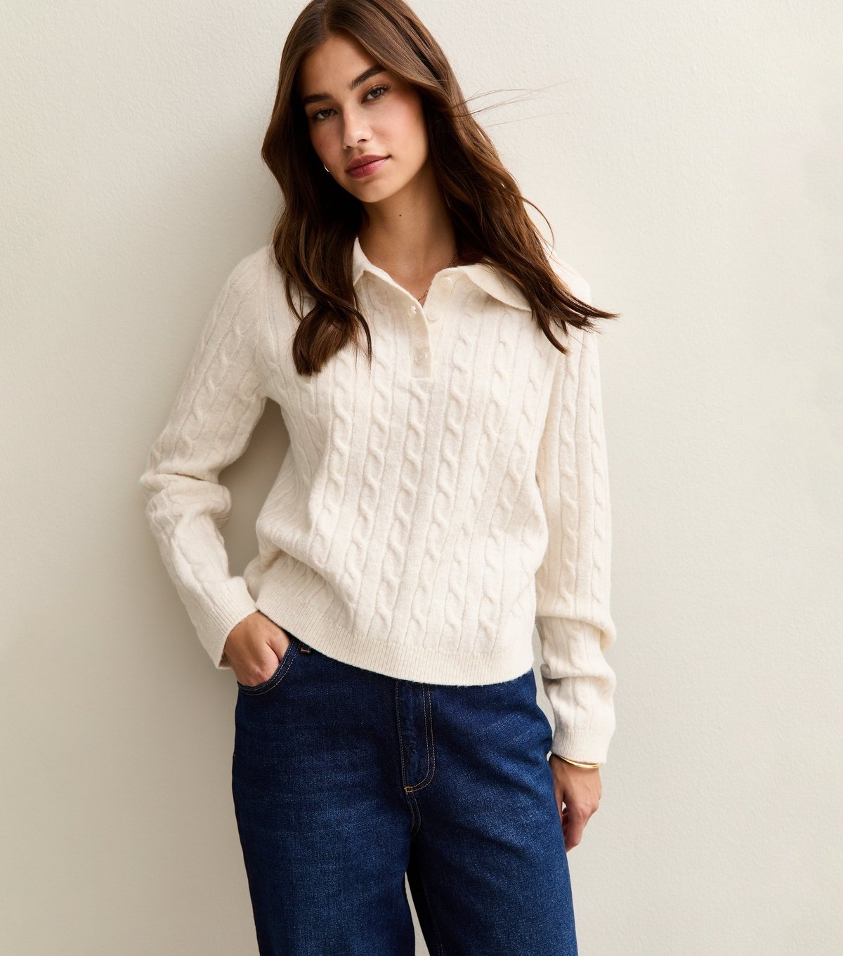 New Look Women's Cream Cable Knit Button Polo Jumper New Look - 2