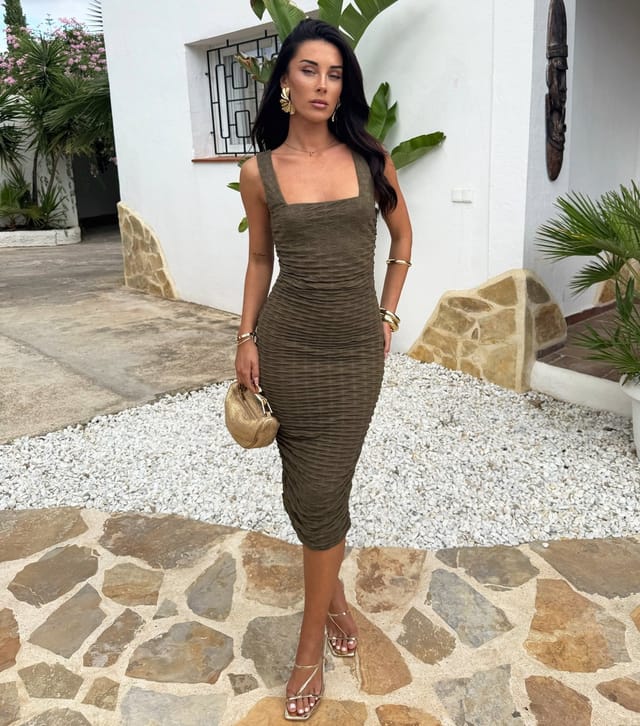 AX Paris Women's Dark Khaki Textured Square Neck Midi Dress AX Paris New Look - 2