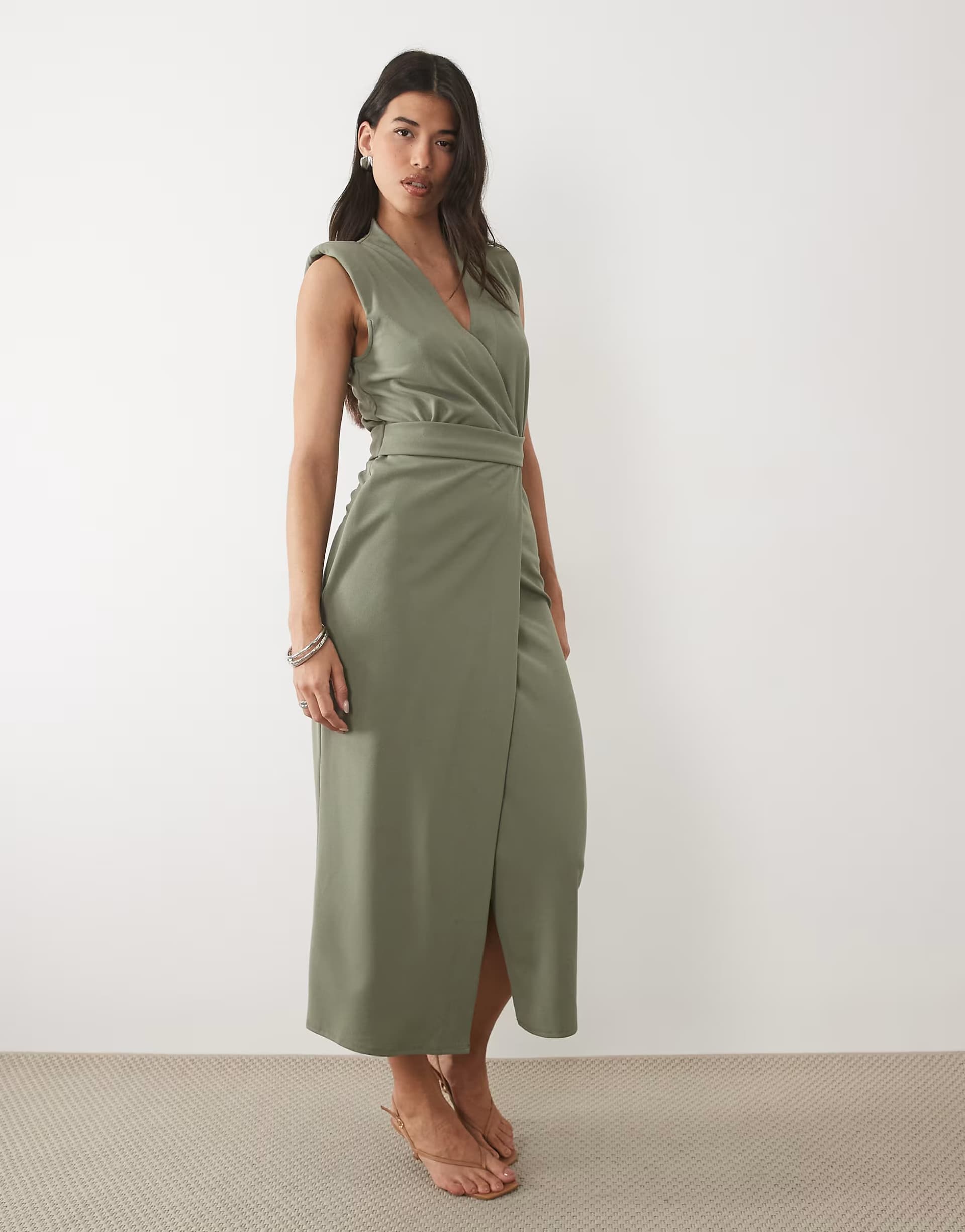 ASOS ASOS DESIGN belted wrap midi dress with shoulder pad in khaki scuba-style fabric