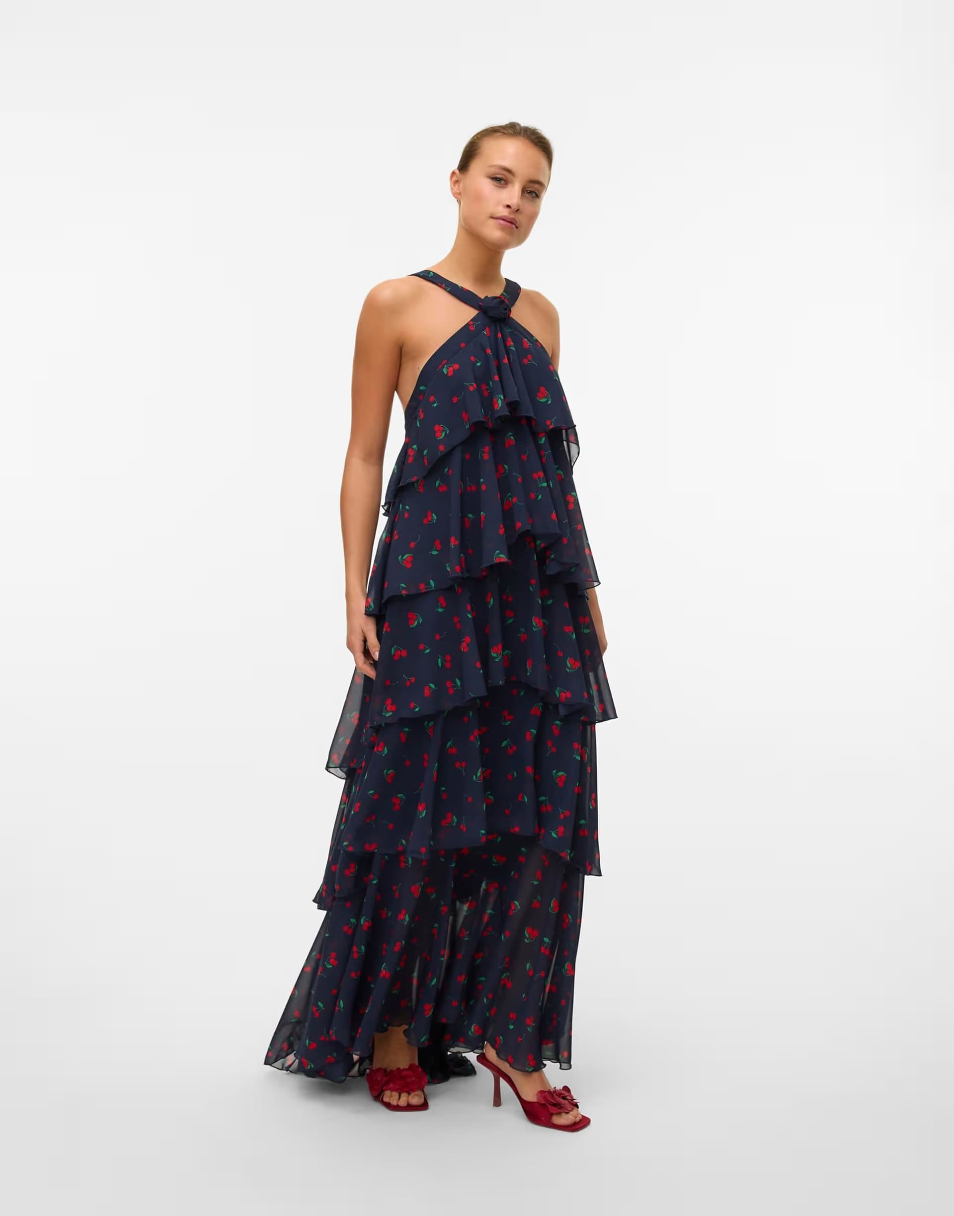 ASOS Vero Moda tiered maxi dress in navy with cherry print