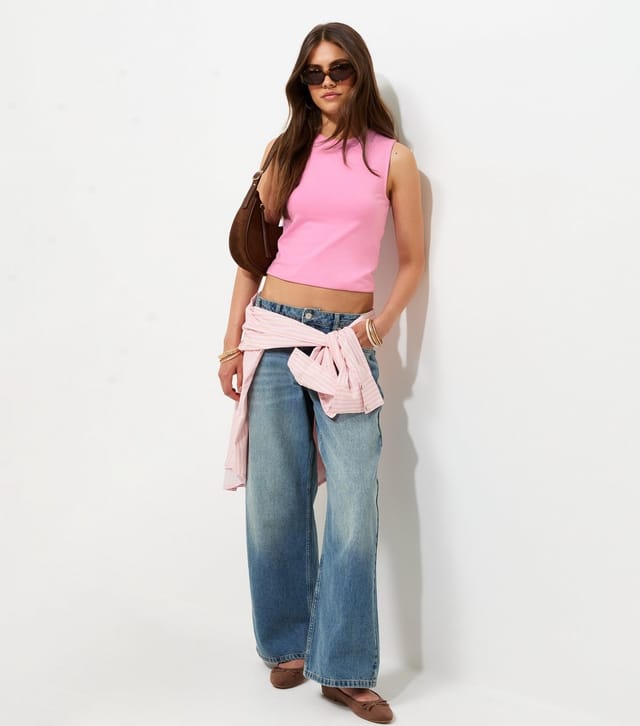 New Look Women's Bright Pink Cotton Rich Cropped Sleeveless Tank Top New Look - 3
