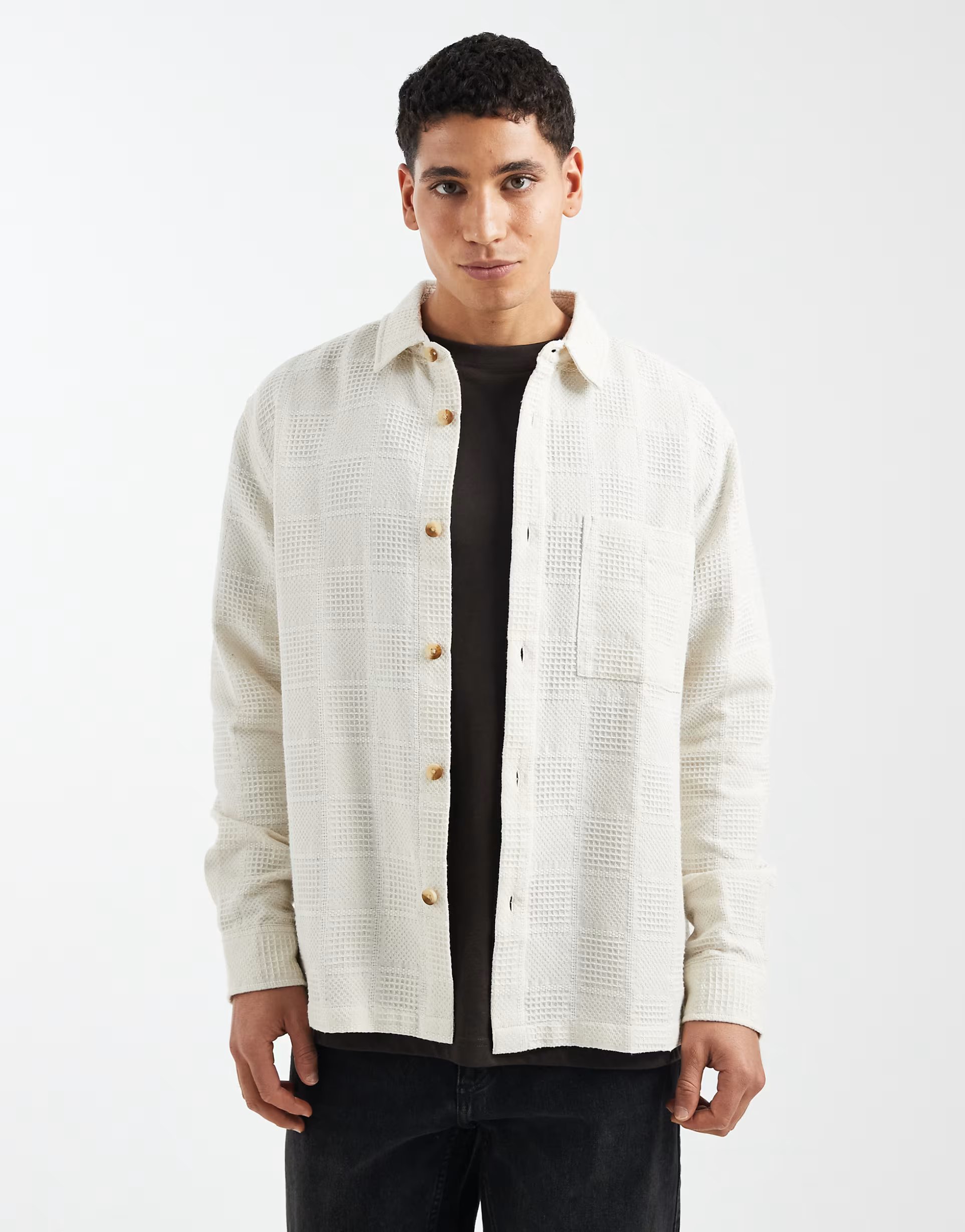 ASOS ASOS DESIGN relaxed grid textured shirt in beige - 1