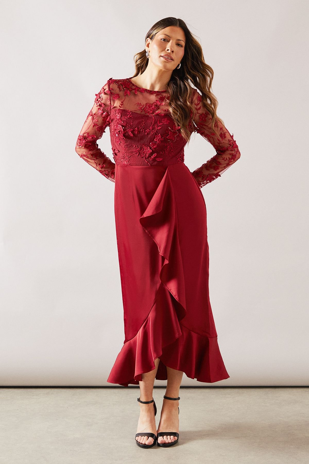 Wallis Wallis Women's Occasion Satin & Mesh Overlay Ruffle Maxi Dress in Wine - 2