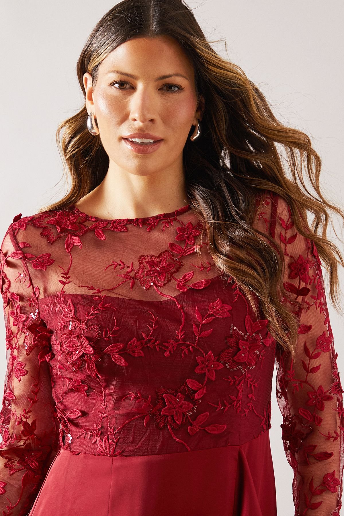 Wallis Wallis Women's Occasion Satin & Mesh Overlay Ruffle Maxi Dress in Wine - 3