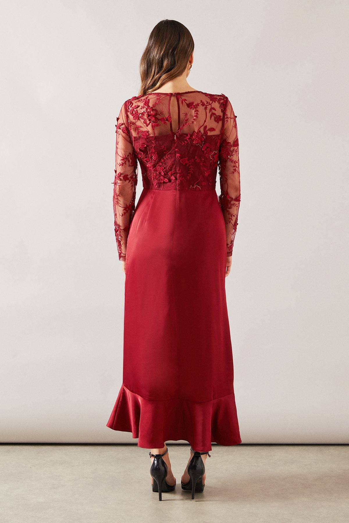 Wallis Wallis Women's Occasion Satin & Mesh Overlay Ruffle Maxi Dress in Wine - 4