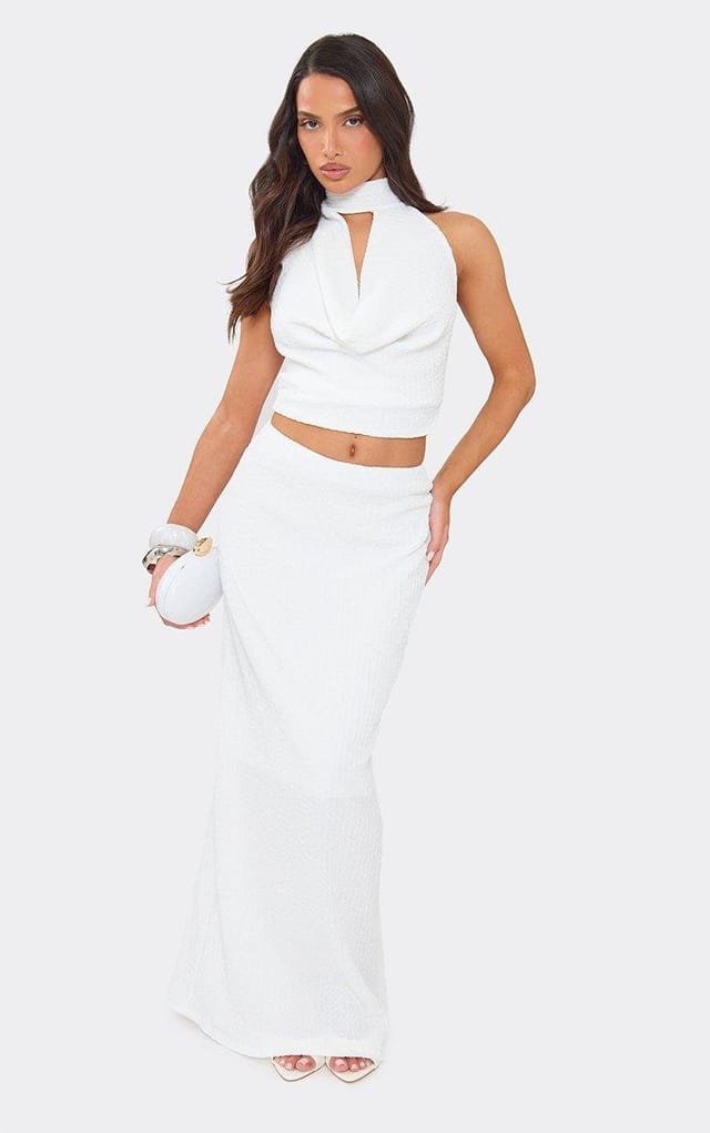 EGO High Neck Cowl Front Top In White Textured, Women's Size UK 6 - 2