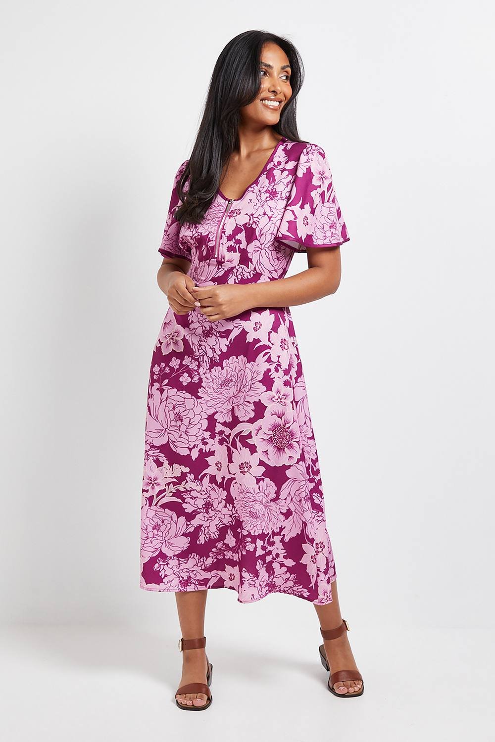 Wallis Wallis Women's Petite Zip Flare Sleeve Midi Dress in Pink - 2