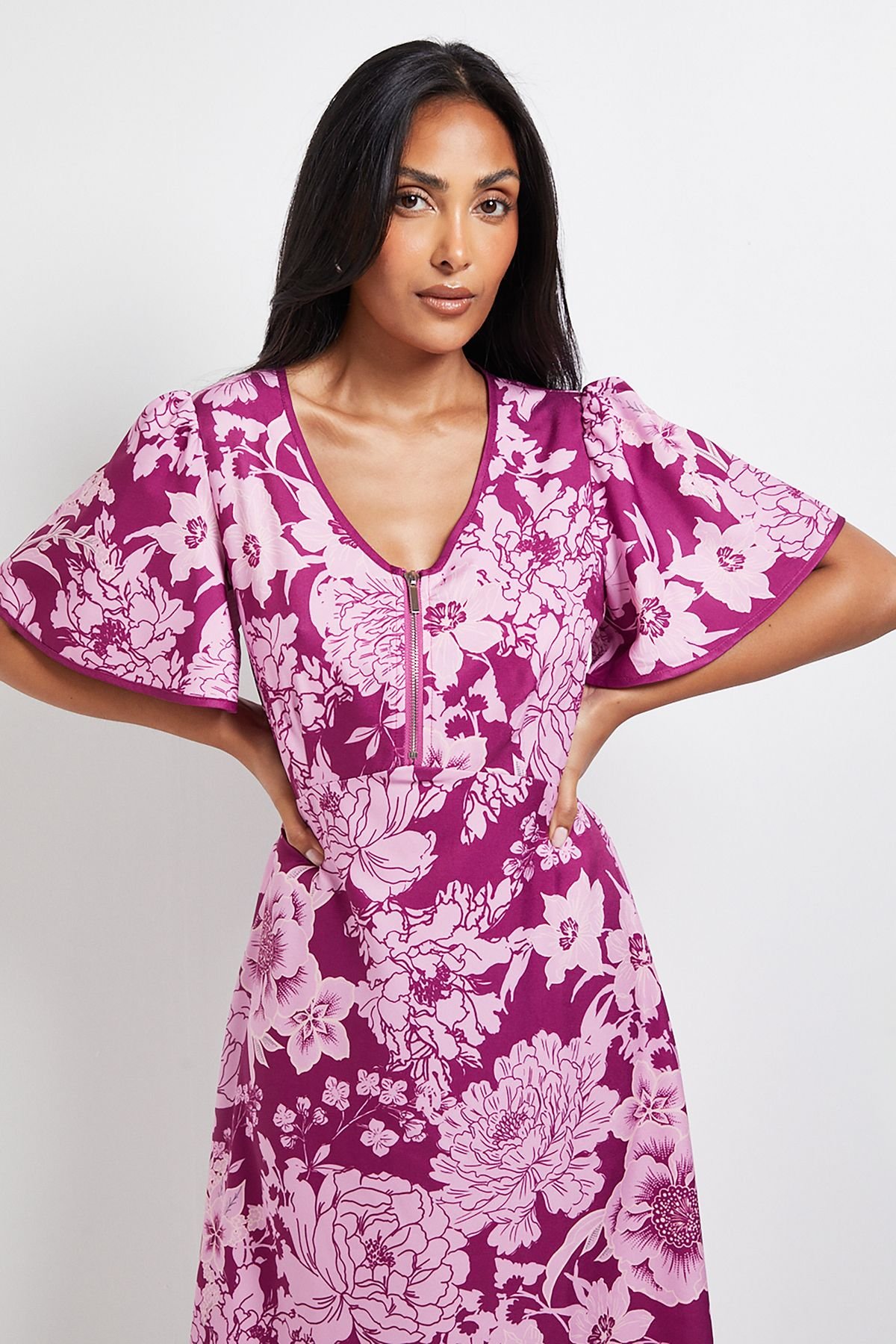 Wallis Wallis Women's Petite Zip Flare Sleeve Midi Dress in Pink - 4