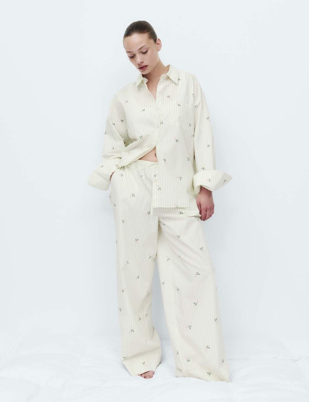 Marks & Spencer M&S Pure Cotton Poplin Printed Pyjama Set Green Mix