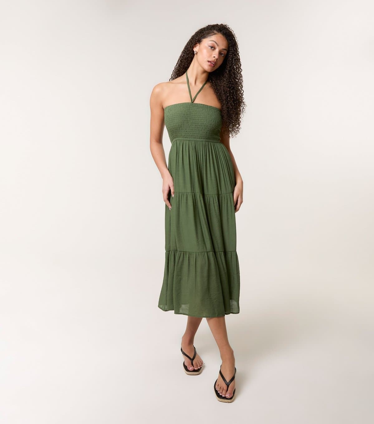 Blue Vanilla Women's Khaki Halterneck Tiered Midi Dress Blue Vanilla New Look