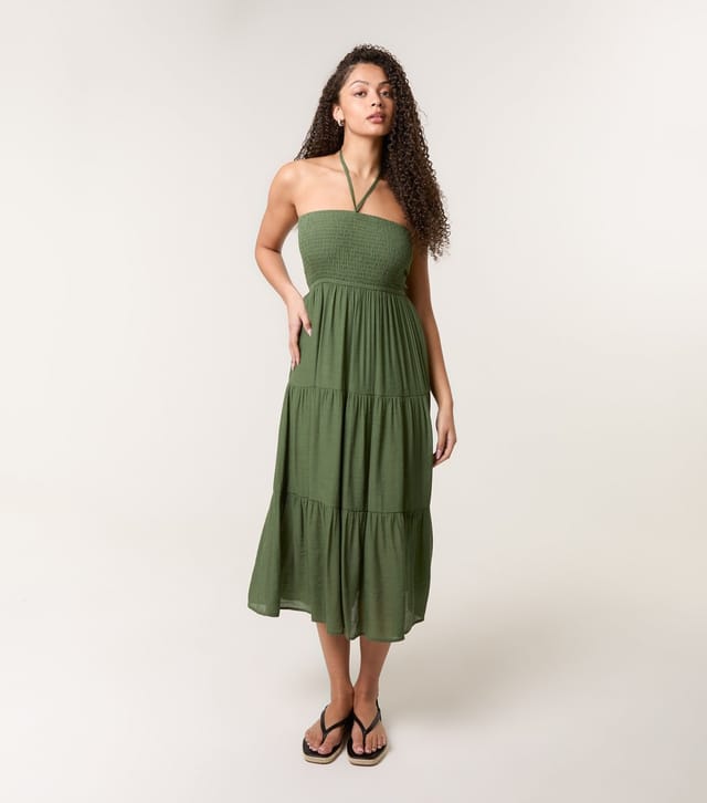 Blue Vanilla Women's Khaki Halterneck Tiered Midi Dress Blue Vanilla New Look - 2