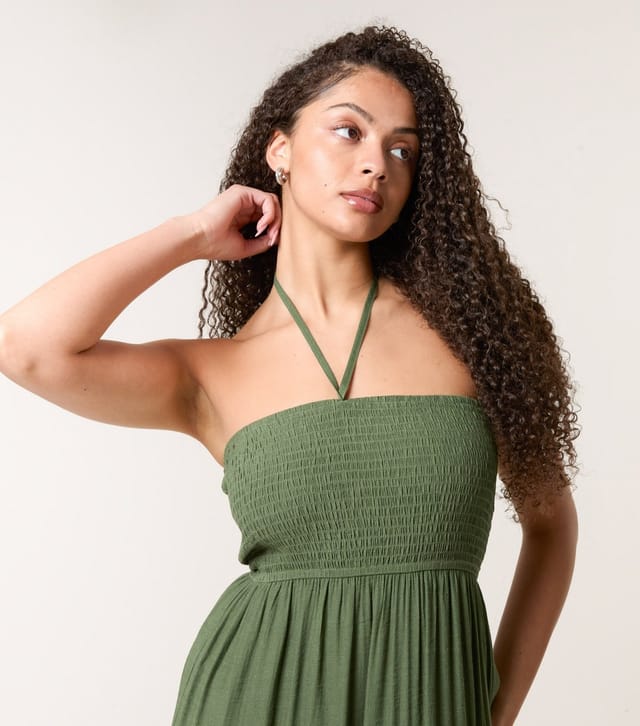 Blue Vanilla Women's Khaki Halterneck Tiered Midi Dress Blue Vanilla New Look - 3